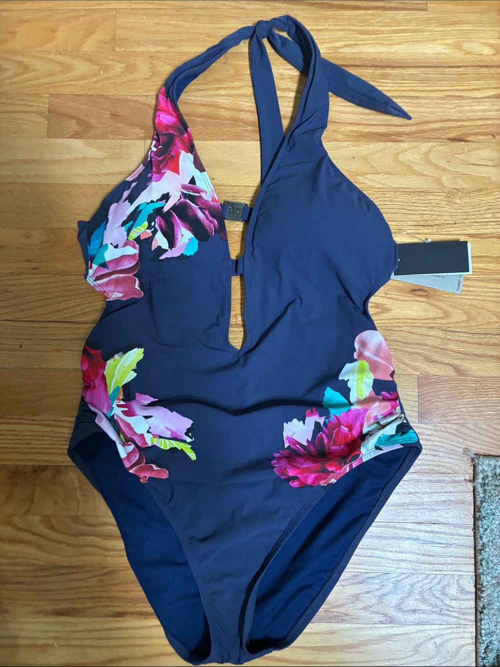 Kenneth Cole Navy Floral Halter Keyhole One-Piece Swimsuit